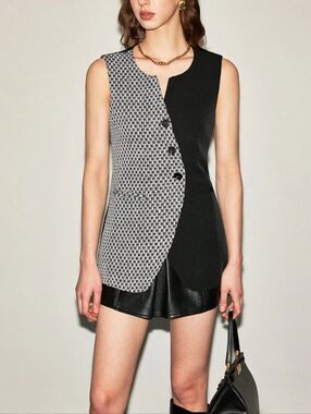 Commense Color Block Criss Cross Button Vest Houndstooth Workwear Top Size M